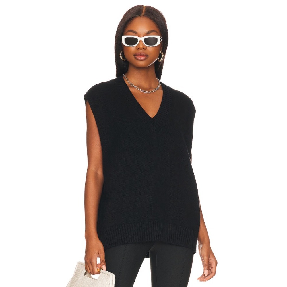 L'Academie‎ Oversized Sweater Vest V Neck Ribbed Trim Wool Blend Black Small
